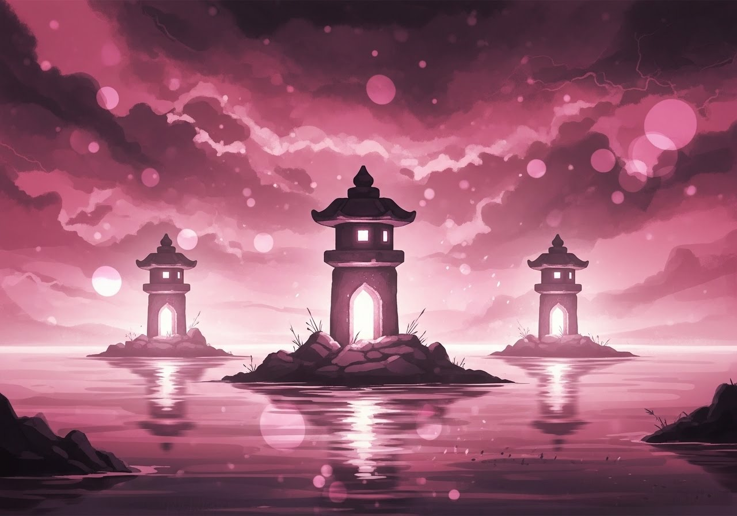 Three glowing stone lanterns on small islands in a misty pink sea